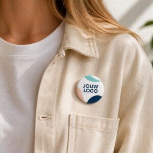 Grote 56mm button gedragen tijdens promotiecampagne