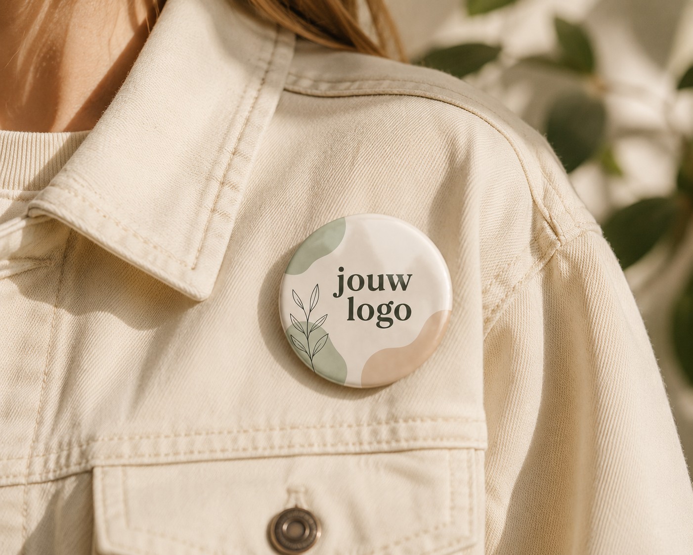 Grote 75mm button met bedrukking gedragen op jas